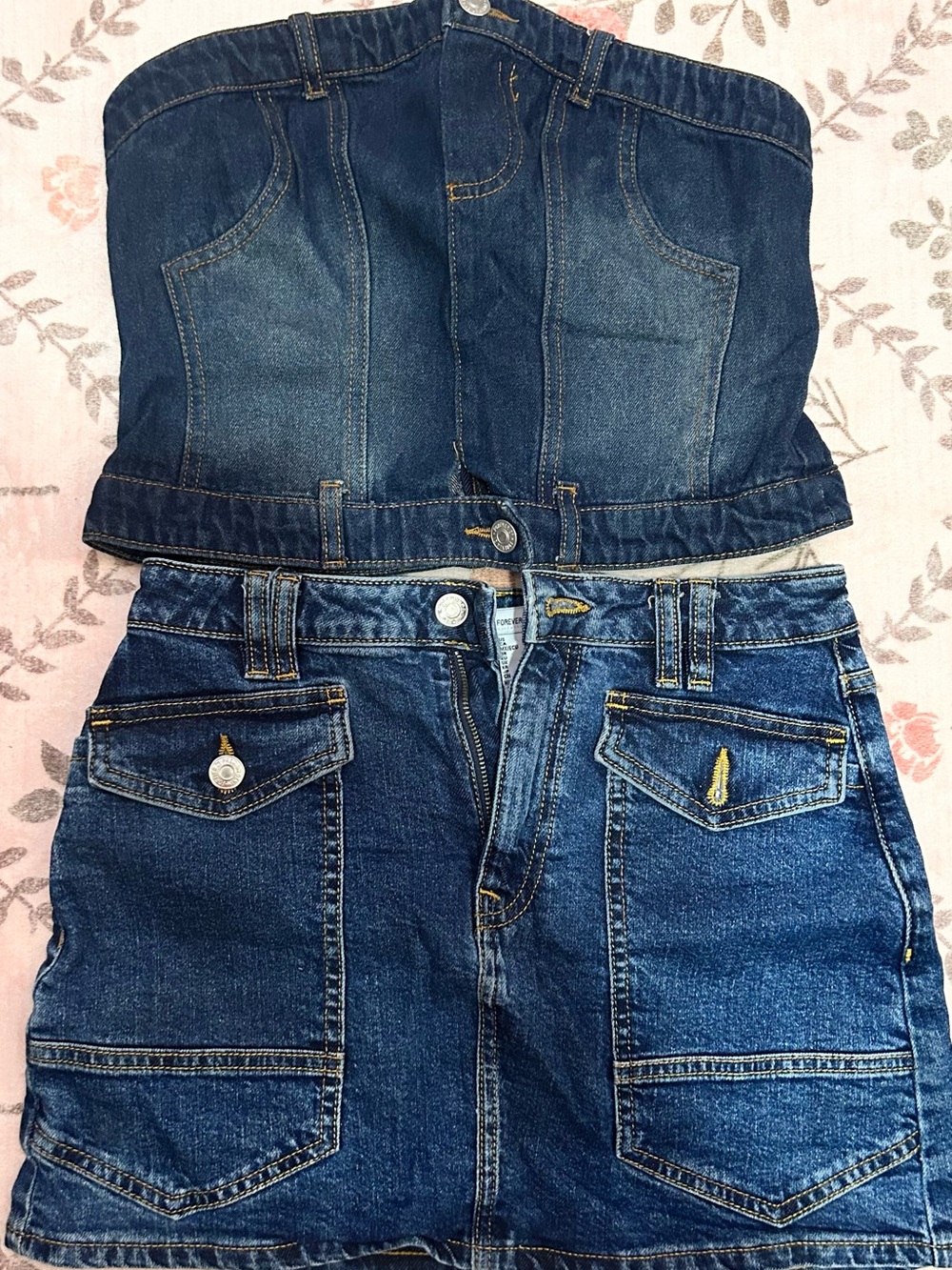 Forever 21 Dark Blue Denim Tube Top and Mini Skirt Set